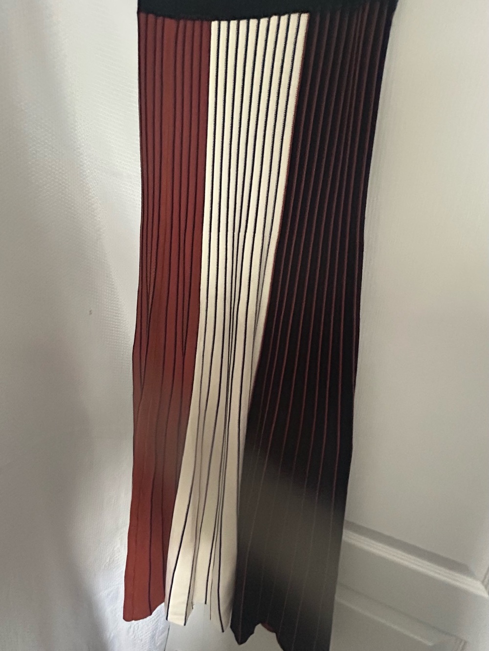 Pleated Colorblock A-Line Midi Skirt in Burgundy, Ivory & Black